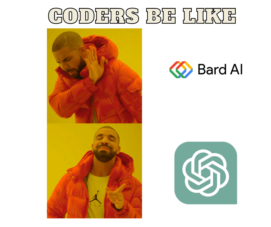 Popular Drake meme about programmers Rejecting Bard AI and Choosing ChatGPT