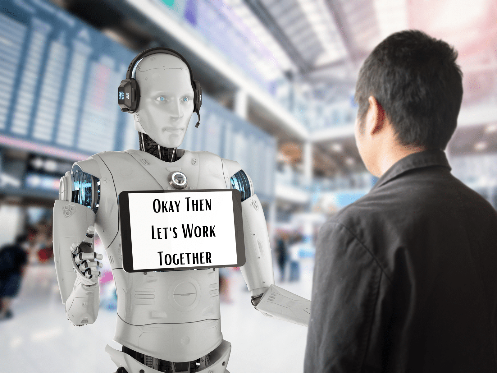 a robot holding a sign for a human saying 'let's work together'