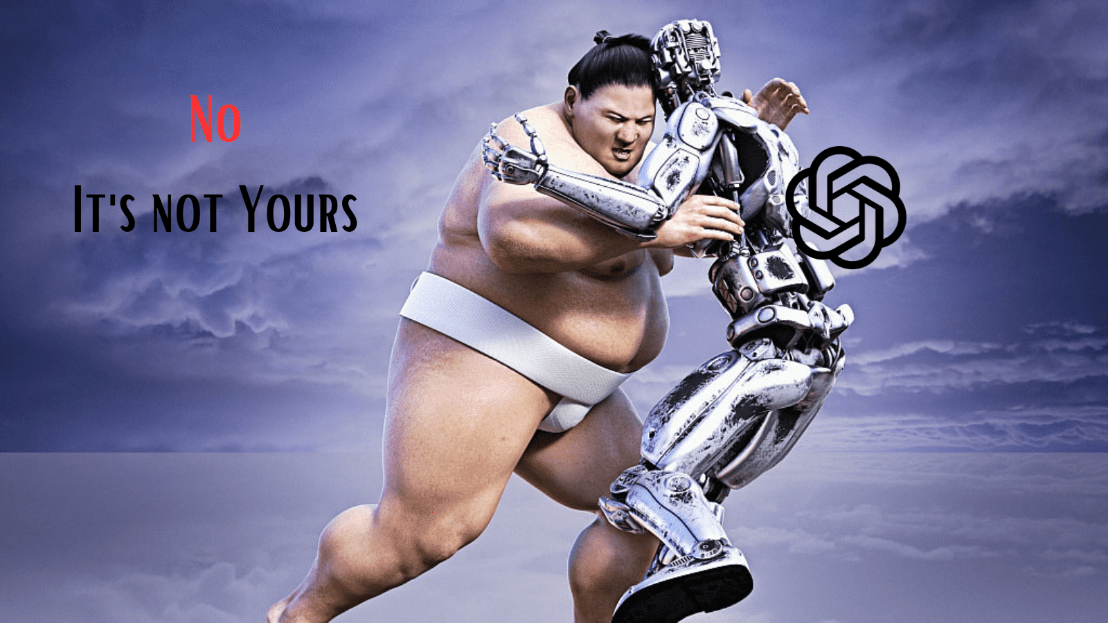 A sumo wrestling human physically defeating a robot and saying 'my job is not yours'