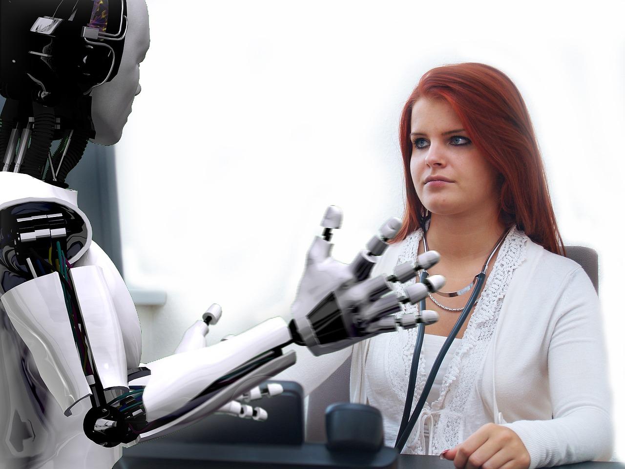 A robot is instructing a female doctor