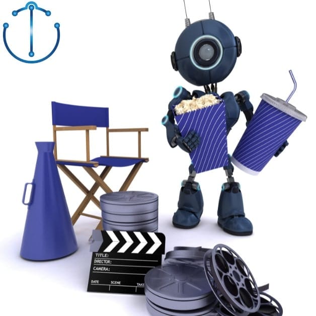 A blue robot with filmmaking equipment and a director's chair, this shows that AI will assist directors in the future
