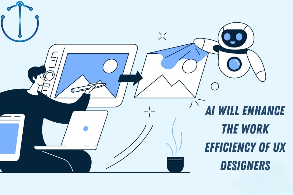 A white and blue mini robot helping a UX designer in designing an image, this showcases that AI will enhance the work efficiency of UX designers.