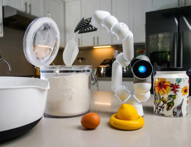 I handy white robot, looks like an arm, adding some sugar in a pot in a kitchen representing an AI gadget