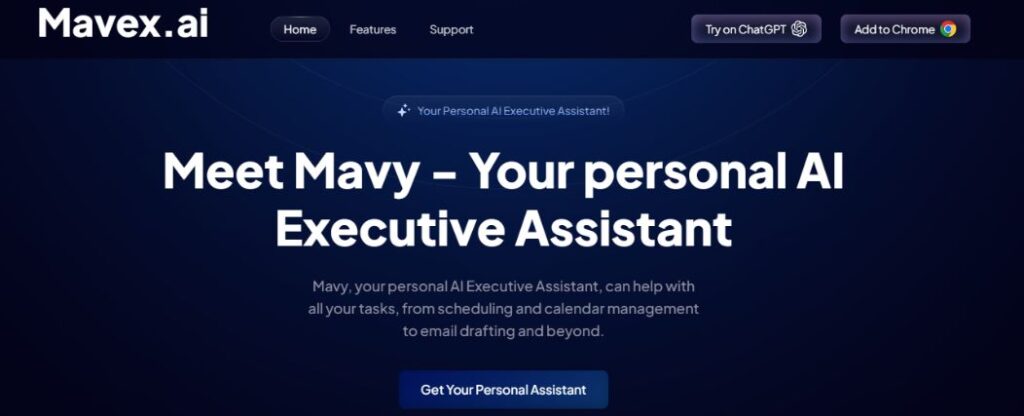 Homepage of Mavex.ai AI tool for Administrative Assistant