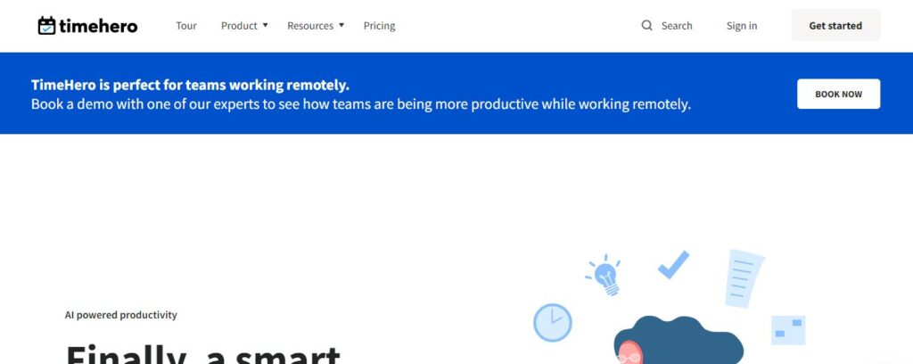 Homepage of timehero AI tool for Administrative Assistant