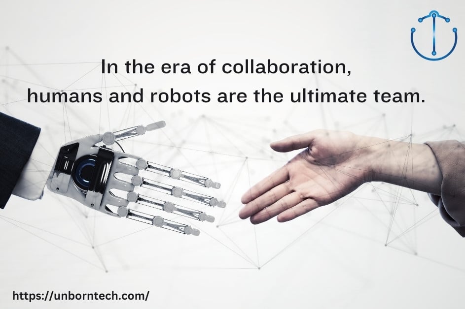 a human and a robot are about to shake hands showing the fruitful collaboration between humans and robots in 2027.