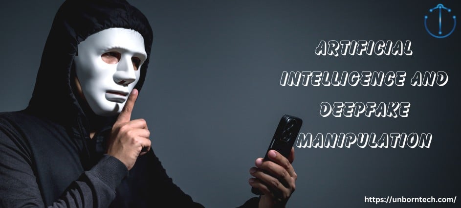 a man wearing a mask and looking at a phone, representing an example of deepfake