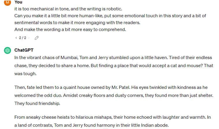 screenshot of an imaginary story by ChatGPT showing that AI does not lack Emotions