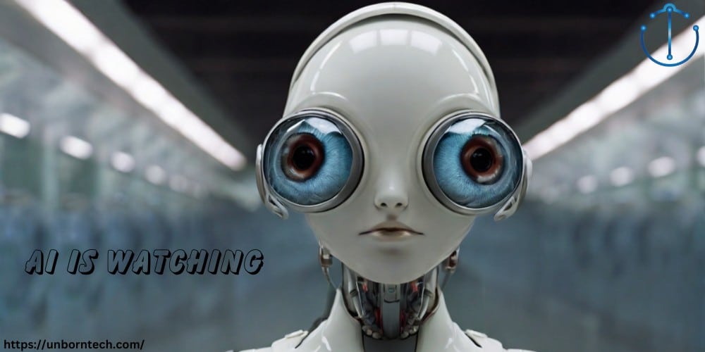 a white robot with big eyes looking at you showing that AI is eroding privacy these days