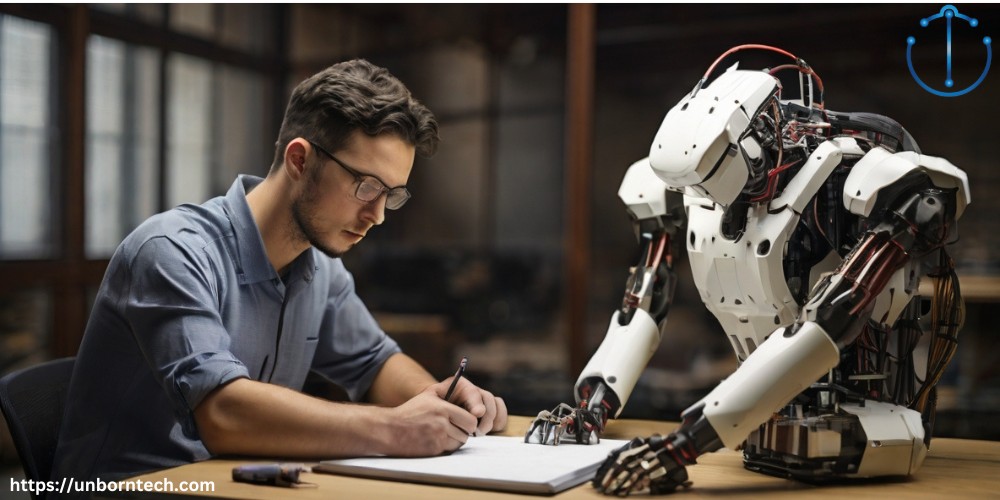 a white robot teaching a young man on a book, showing that Ai will boost the knowledge of structural engineers