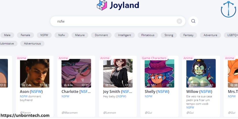 screenshot of Joyland website when searched NSFW, showing several bots means that some selective bots do allow limited NSFW content